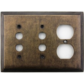 Classic Accents Deco Aged Antique Brass 3 Gang Wall Plate - 2 Push Button Light Switch Openings 1 Duplex Outlet Opening