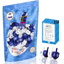 The Dreidel Company 100 Solid Blue & White Hand Painted Wooden Hanukkah Dreidels with English Transliteration - Includes Detailed 3 Game Instruction Cards- (100-Pack)