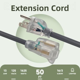 EP 50 Ft 16/3 SJEOW Heavy Duty Extension Cord, Grey Power Cable with LED Lighted Plug & 3-Prong Grounded Plug, Water-Resistant for Indoor/Outdoor Use, Lawn, Garden, Appliances & Tools