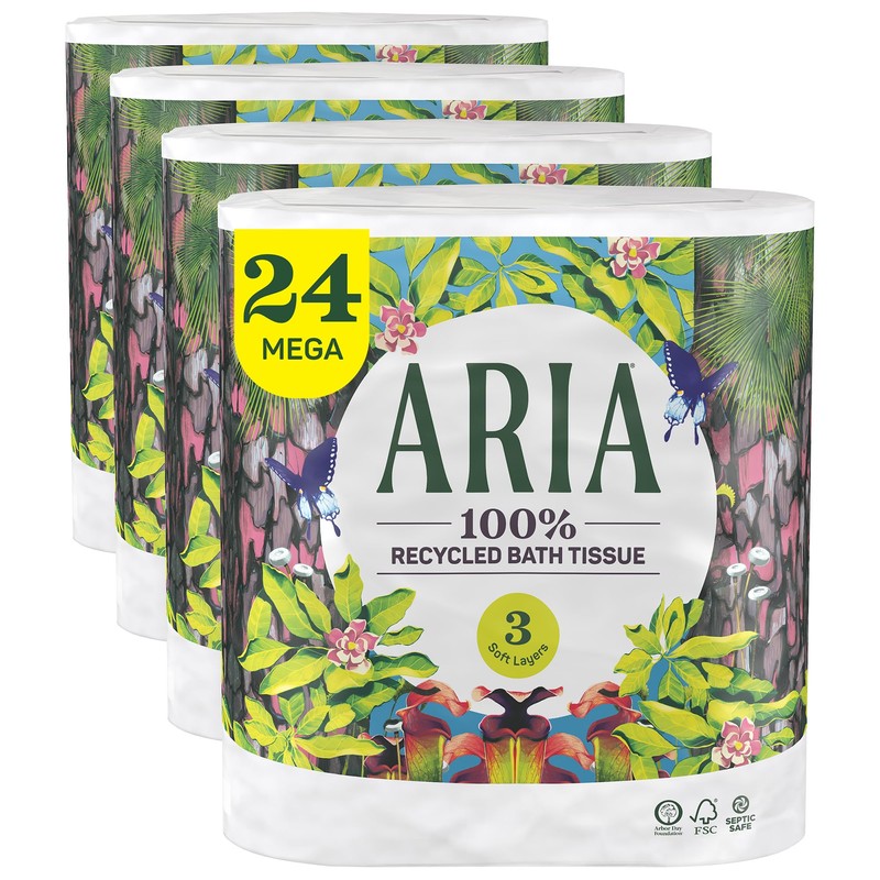 Aria 100% Recycled Toilet Paper, 24 Rolls, 3-Ply Soft Bath