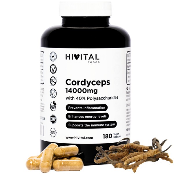 Cordyceps 14000 mg 180 Vegan Capsules for 3 Months Cordyceps Sinensis CS-4 with 40% Polysaccharides. Natural Extract of Cordyceps Mushroom to Improve Energy and Reduce Fatigue