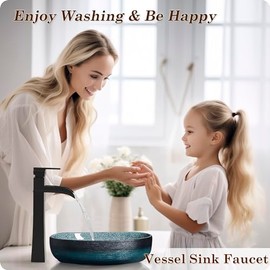 Vessel Sink Faucet Black, 12 Inch Waterfall Tall Bathroom Faucet One Hole with Pop-Up Drain & Pre-Installed Hoses, Single Handle for Bathroom Sink Bowl Deck Mount, Modern, Brass Material