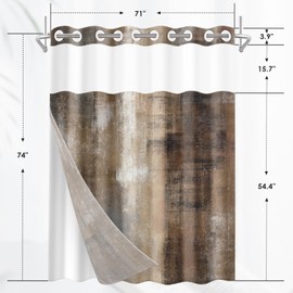 Nesphy No Hook Beige Grey Brown Painting Shower Curtain with Snap in Fabric Liner Set, Abstract Double Layers Waterproof Fabric with See Through Top Window Open Grommet Bath Curtain 71x74 Inch
