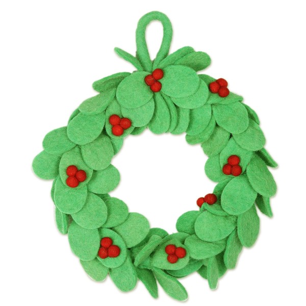 NOVICA Artisan Handmade Wool Felt Wreath Holiday in India Green