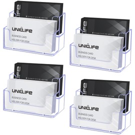 Uniclife Set of 4 Acrylic Business Card Holders for Desk with 2 Compartments Clear Transparent Business Card Stand for Office Home Office and Exhibitions Capacity 120 Business Cards