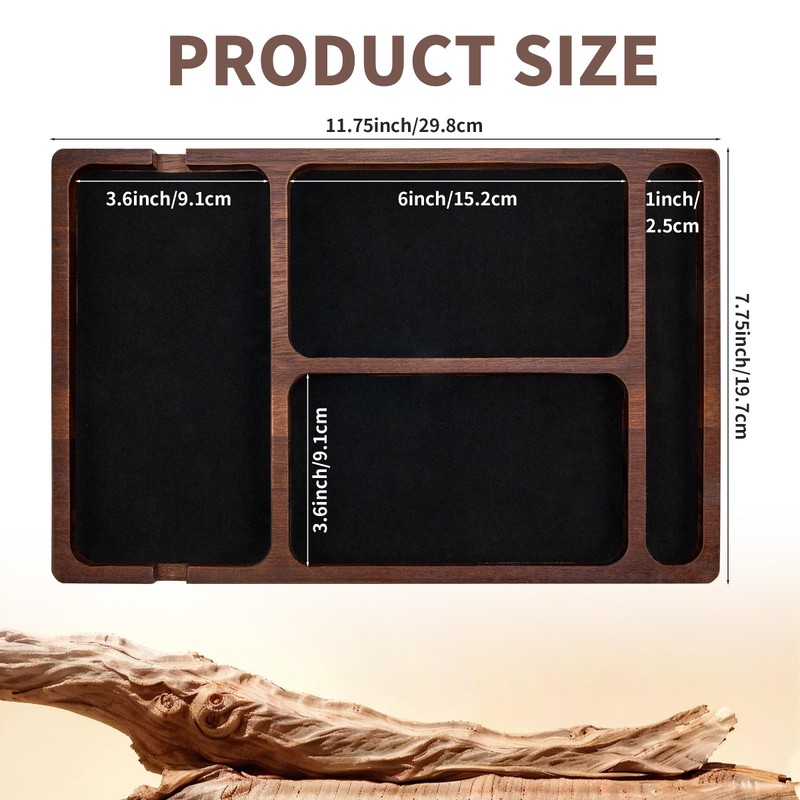 Valet Tray, Multi-Space Acacia Wood Leather Surface Desk Organizer Tray