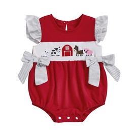 FIOMVA Baby Girl Summer Clothes Newborn Animal Embroidery Farm Bubble Romper Infant Stripe Bodysuit Shirt Western Outfit (K Animal Red, 0-3 Months)