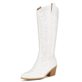 IDIFU IN3 Rhinestone Cowboy Boots For Women Knee High Western Cowgirl Boots Pointed Toe Block Chunky Heels Sparkly Glitter Long Tall Dress Booties Party Bling Shiny Boots(White Rhinestone, 7.5)