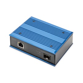 DIGITUS Industrial Gigabit Media Converter - 1 RJ45 Port, 1 SFP Port - 10/100/1000 Mbps - DIN Rail Mounting - IP40 Protection Class - Black, Blue