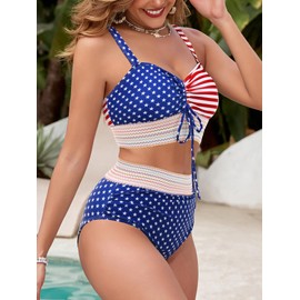 VIAURBE Women's High Waisted Bikini Sets Swimsuits Color Block Two Piece Bathing Suit Cute Drawstring Bikinis American Flag L