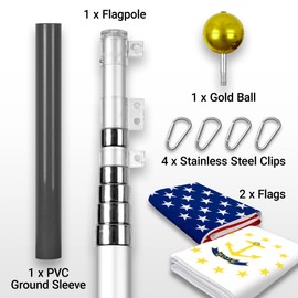 G128 Combo Pack: 25 Ft Telescoping Aluminum Flagpole (Silver) & American and Rhode Island Flags 3x5 Ft, Both ToughWeave Series Embroidered Polyester | Pole with Flags Included