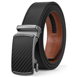 SKiporty Mens Belt Leather with Automatic Buckle Adjustable Ratchet Belts for Men Dress Casual Jeans Trim to Fit,42" to 48",A-carbon Black