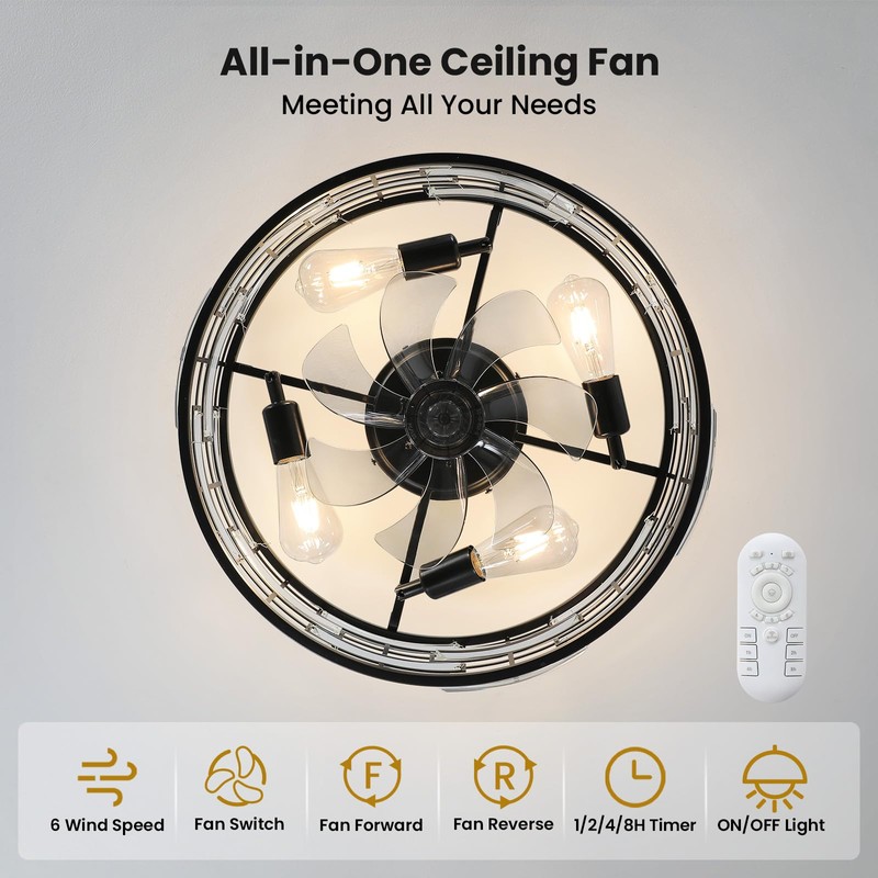 Linour Crystal Caged Ceiling Fan with Light, 18.9'' Flush Mount