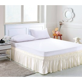 MEILA Wrap Around Bed Skirt Three Fabric Sides Elastic Dust Ruffled 16 Inch Tailored Drop,Easy to Install Fade Resistant-Ivory, Queen/King