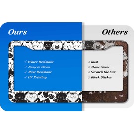 2PCS Black & White Cat Pattern License Plate Frames for Men Women - Universal Aluminum Stainless Steel Kitten Car Tag Covers Holder with Screws, Caps, Rattle Proof Pads and Handlebar Stickers