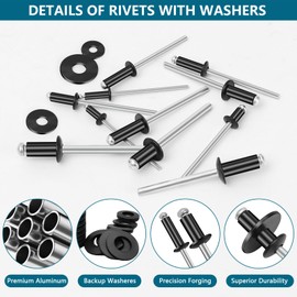 Black Pop Rivets Assortment Kit, 860Pcs Blind Rivets Assortment 3/32" 1/8" 5/32" 3/16" 11 Size with washers, SAE Aluminum Pop Rivets Set with Reinforced Label Case for Furniture/Metal/Automotive