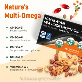 Laicuherb Sea Buckthorn Oil Capsules for Skin Immune & Hair, 1000mg Per Serving Organic Supplement with Omega 7-3-6-9, 30 Softgels for Adult Whole Berry Sea Buckthorn for Dryness, Gluten-Free, USDA