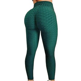 FITTOO Women's High Waisted Honeycomb Ruched Butt Scrunched Booty Leggings Workout Running Lift Textured Tights Emerald Medium
