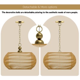 QIHONGLT Rattan Chandelier, 5-Lights Boho Large Pendant Light, Hand Woven Basket Pendant Chandeliers for Dining Room Living Room Kitchen Island Bedroom Foyer, Height Adjustable (19.3in-Gold)