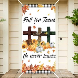 Ticuenicoa Fall for Jesus Door Banner, 72x35 Inch Religious Decor with Crosses, Bible & Autumn Leaves, Christian Home Decoration