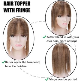 Elailite Hair Topper Extensions, Women's Toupee with Bang, 100% Remy Real Hair, 150% Thick, 7 x 13 cm Base, Clip-In Hair Thickening, 10 Inches (25 cm), 33 g, 4P27 Medium Brown/Dark Blonde