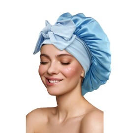 Capo de satén de seda para dormir, gorros grandes con banda de corbata, envoltura para el cabello con correas ajustables, gorras de dormir nocturno, para mujeres, cabello rizado trenzado, azul cielo, Azul-cielo