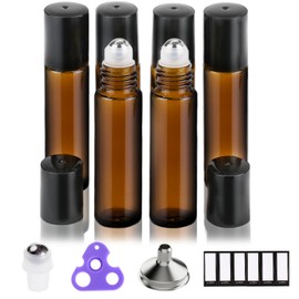 PrettyCare Set of 6, 10 ml Amber Glass Roller Bottles for Essential Oil with Stainless Steel Roller Ball - Refillable Leak-proof Empty Roll on Bottles with Black Caps for Travel, Perfume