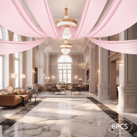 WUPYI Chiffon Ceiling Drapes,6 Panels 5FT x 20FT Pink Ceiling Curtains Wedding Draping Fabric Sheer Swag Drapes Decorations Tent