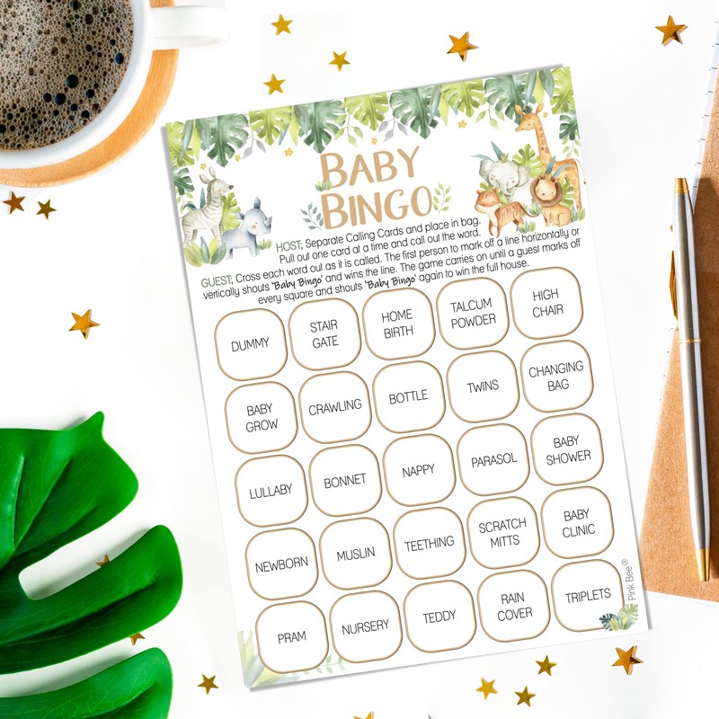 Pink Bee Parties Baby Bingo - Safari Theme Baby Shower