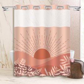 Mowxune - Cortina de ducha estilo bohemio sin gancho, color rosa con forro a presión, para decoración de baño, 71 x 74 pulgadas