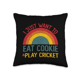 Retro Cookie Lover Who also Play Cricket Funny I just Want to eat Cookie and Play Cricket Christmas Throw Pillow, 16x16, Multicolor