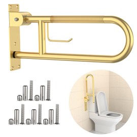 Toilet Grab Bar 22.4 Inch, YuanDe Flip Up Grab Bar with Paper Holder, Brushed Gold Anti-Slip Safety Bars for Toilet, Stainless Steel Knurled Toilet Handles for Seniors Disabled Elderly Pregnant