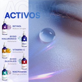 Kit Facial Advance Con 5 Sueros A. hialurónico, Retinol, Vitamina C, Niacinamida, Ácido glicólico Momento de aplicación Día/Noche Todo tipo de piel | Paquete skincare facial 5 serum de 30ml
