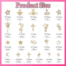 130 Pcs Alloy Gold Star Cross Nail Charms, 21 Styles 3D Y2K Metal Star Cross Moon Planet Gold Nail Charms and Gems for Nails Art Design DIY Accessories