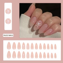French Tip False Nails - 24pcs Almond Press on Nails - Pink Bow Fake Nails with Glue - 12 Sizes Oval Medium Length Stick on nails for Women Girls