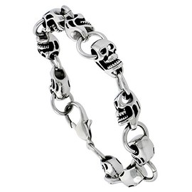 Sabrina Silver Stainless Steel Skull Bracelet for Men, 9 inch Long