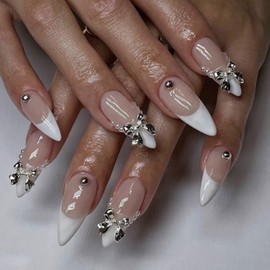 Kamize Almond Fake Nails White Press on Nails Full Cover Acrylic Medium Bow Fake Shiny Nails for Women and Girls 24PCS