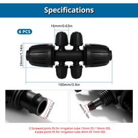 VooGenzek 6 PCS Barbed Tee Connector for Drip Irrigation, 6-Way Anti-Drop 13/16 mm to 4/7 mm Irrigation Tube Fitting, Locked Barbed Connectors, Barbed Tee Irrigation Tube for Lawn, Farm, Garden