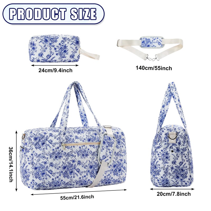 Blue and White Porcelain Style Travel Duffle Bag, Weekender Overnight