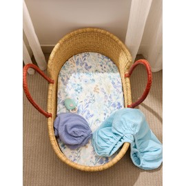 TILLYOU Muslin Bassinet Sheets for Baby Boys Girls 3 Pack, Soft Breathable Elastic Cotton Bassinet Mattress Sheets, Fit Hourglass Oval Rectangle Cradle Mattress, 33"X17",Blue Flower