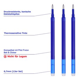 LVZONGXIN LVZONGXIN 12 x Radierbare Ersatzminen 0,7mm, Kompatibel mit FRIXION & & Eberhard Faber animal erase it, 0,7mm Strichstärke I Nachfüllminen für Gel-Tintenroller mit radierbarer Tinte