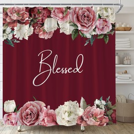 AYDSMYD Burgundy Red Floral Shower Curtain Retro Watercolor Flowers Rose Elegant Blessed Inspirational Quote Home Fabric Bathroom Decor Set Include Hooks,70" WX70 H