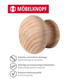 Gedotec Wooden Furniture Knobs, Diameter: 34 mm, Pack of 10, Door Knobs for Cupboards, Raw Ash (untreated) Includes Mounting Material, Alfredo, Knobs for Kitchen Cupboards, Cupboard Handles, Door