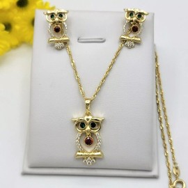 JEYFEL XOIA PREMIUM 14K Gold Plated CZ Cute Owl Set Pendant, Earrings & Chain. Good Luck.