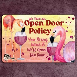 Flamingo Sign, Open Door Policy bring wine wall art funny bar sign decor gift