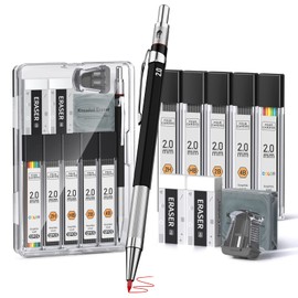 Four Candies Mechanical Pencil 2 mm Set with Case, Automatic Metal Lead Holder with 60 Pieces Lead Refill (HB, 2H, 2B, 4B, Colour), Kneaded Eraser, Sharpener Office Accessories for School, Drawing,