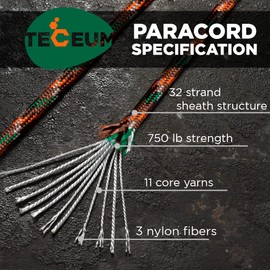 TECEUM Paracord Type IV 750 lb Mixed Camo – 50 ft – 4mm – Nylon Strong Tactical MIL–SPEC Parachute Cord – Survival Rope Emergency para Cord 11 Strands Core EDC Camping Hiking Military Gear 766