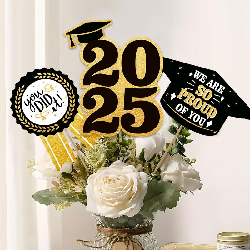 Nialnant 30 Pack Graduation Decorations 2025 Black Gold Graduation Centerpieces