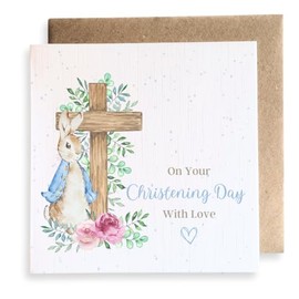 Second Ave Cute Blue Bunny Rabbit Christening Day Square Card Religious Greeting Card for Boy