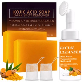2PCS Turmeric Soap Bar with Facial Cleanser, Kojic Acid Soap with Collagen, Vitamins C, Natural Handmade Bar for Body & Face, Acne Blackheads Dark Spot Remover, Deep Cleaning & Moisturizing